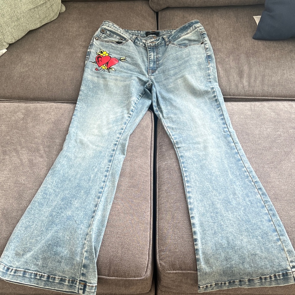 Ed Hardy Light Blue Flare Jeans with Heart Graphic